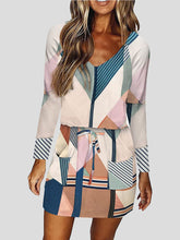 V-Neck Lace-Up Multicolor Printed Long Sleeve Dress ins